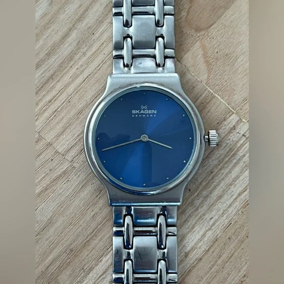 Skagen Steel Watch Blue Dial Stain Case, Bracelet, Hands, Markers